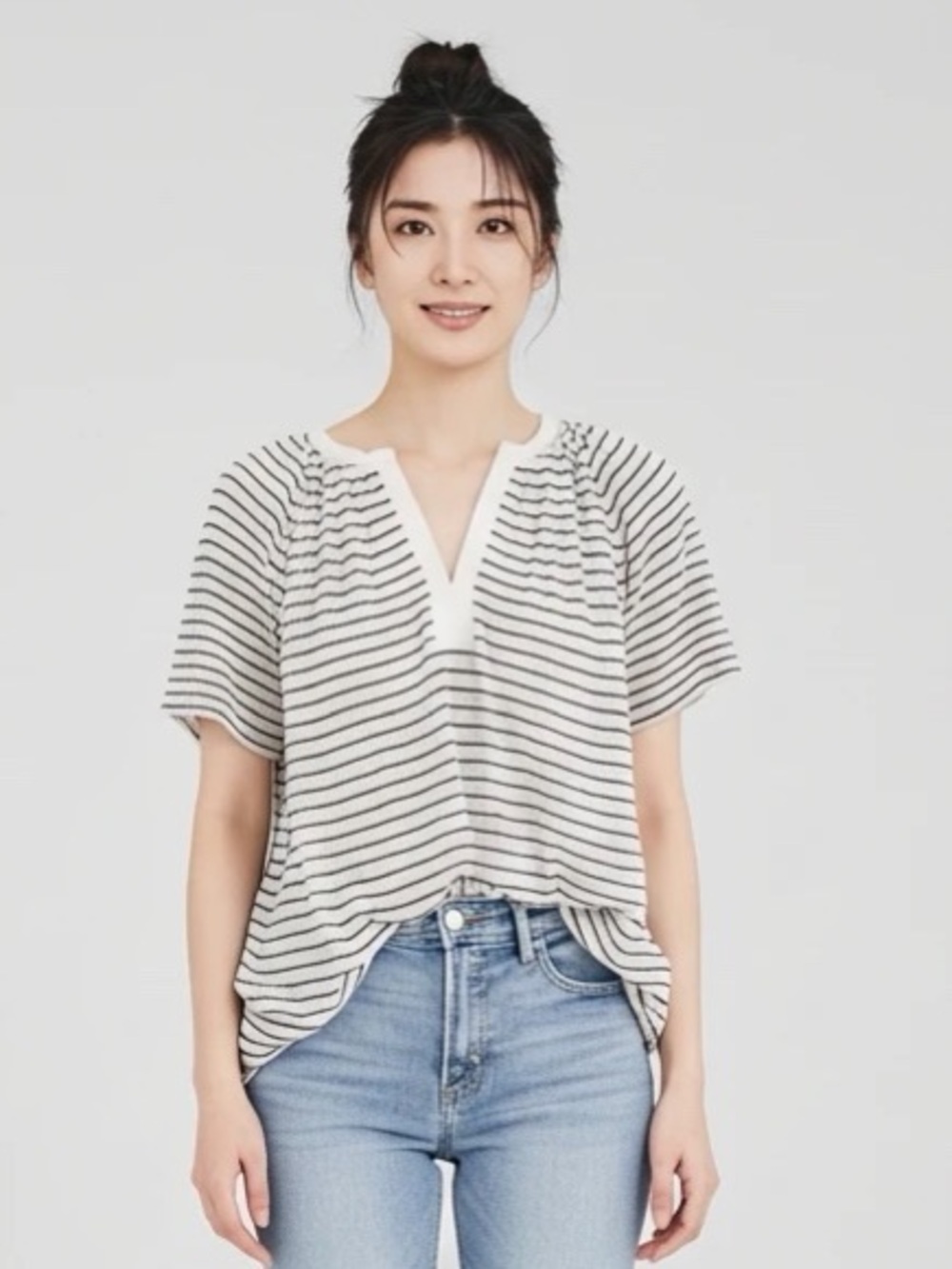 Lucky Brand Drop Needle Navy & Oatmeal Striped Viscose / Linen Knit Blouse Top L
